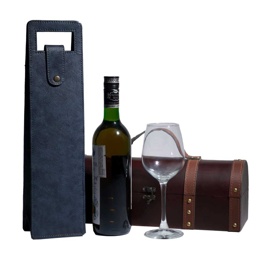 Vegan Leather Wine Bottle Holder, Wine Bag - Blue