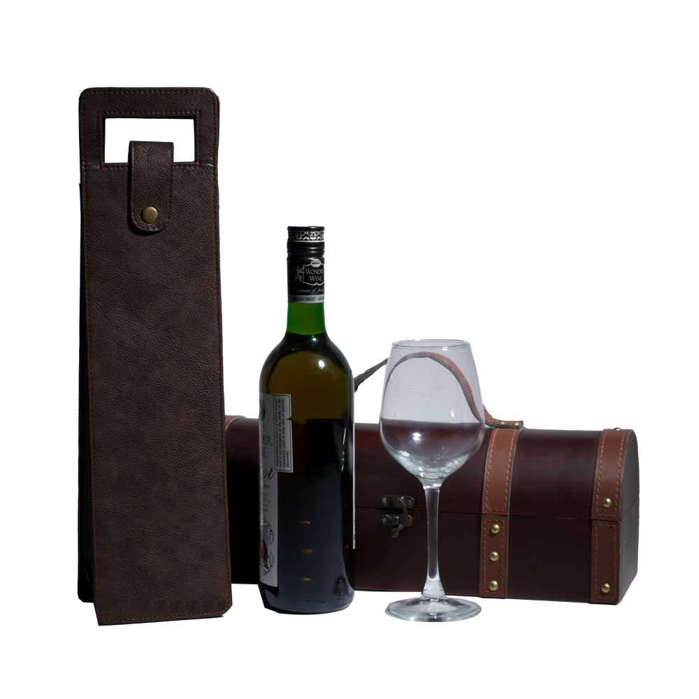 Vegan Leather Wine Bottle Holder, Wine Bag - Brown