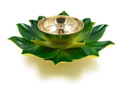 Brass Lotus Kuber Diya Puja Oil Lamp Deepak With Enamel For Home -GR