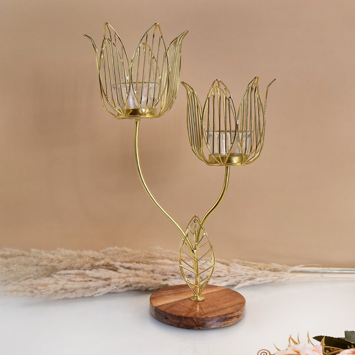 Twin Flower cut candle holder with Wooden base