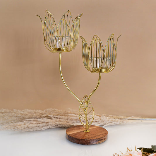 Twin Flower cut candle holder with Wooden base