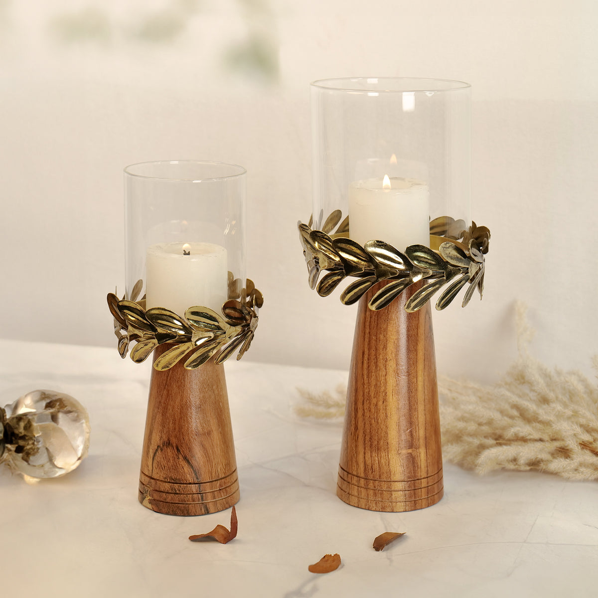 Candle Holder for Home Decor with Wood and Glass - Set of 2