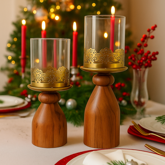 Harmony Candle Holder Set - Metal, Wood & Glass (Set of 2)