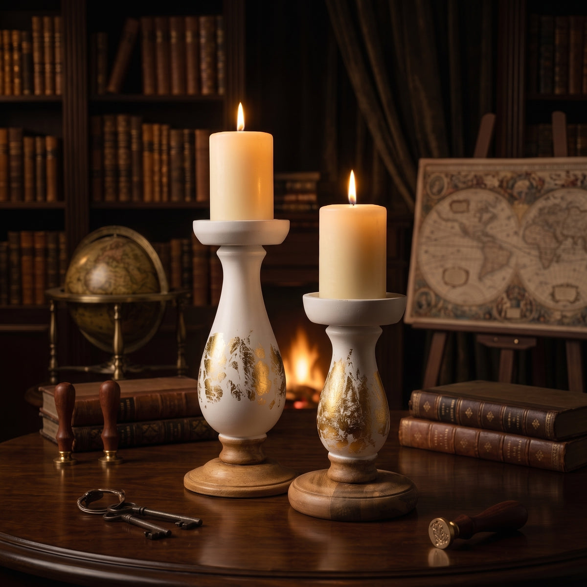 Elegant White & Gold Leaf Wooden Pillar Candle Holders (Set of 2)
