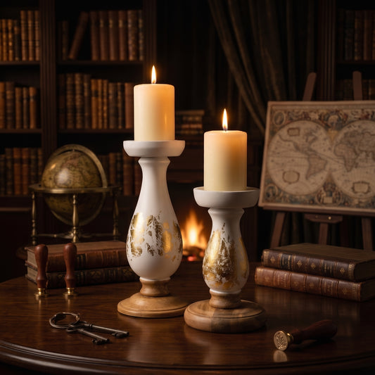 Elegant White & Gold Leaf Wooden Pillar Candle Holders (Set of 2)