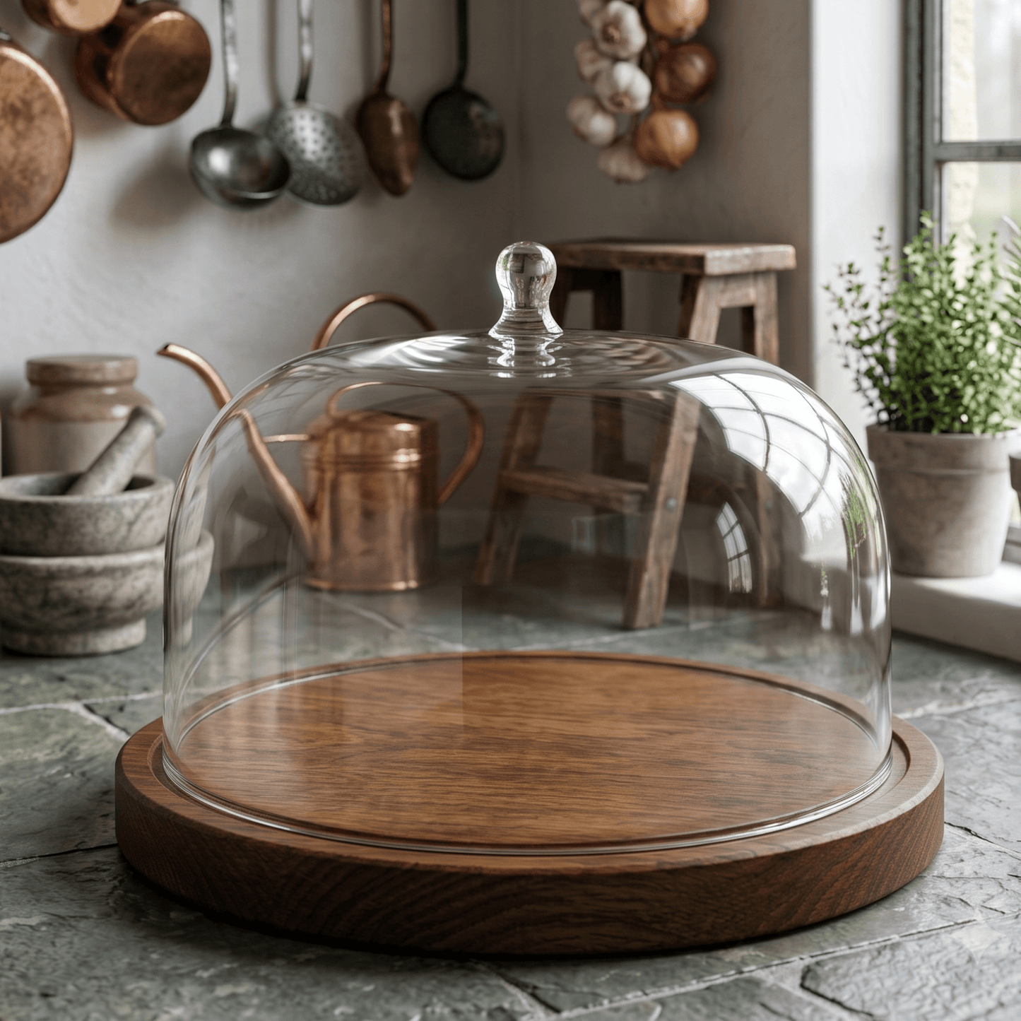 large cake dome with wooden base 