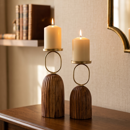 Fluted Wooden Pillar Candle Holders (Set of 2)