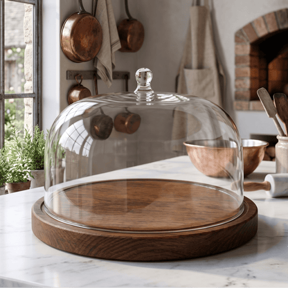 large cake dome with wooden base 