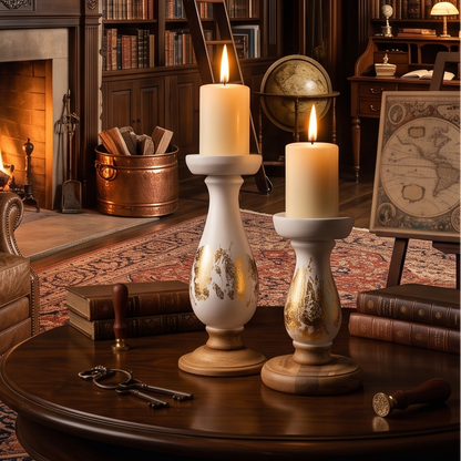 Elegant White & Gold Leaf Wooden Pillar Candle Holders (Set of 2)