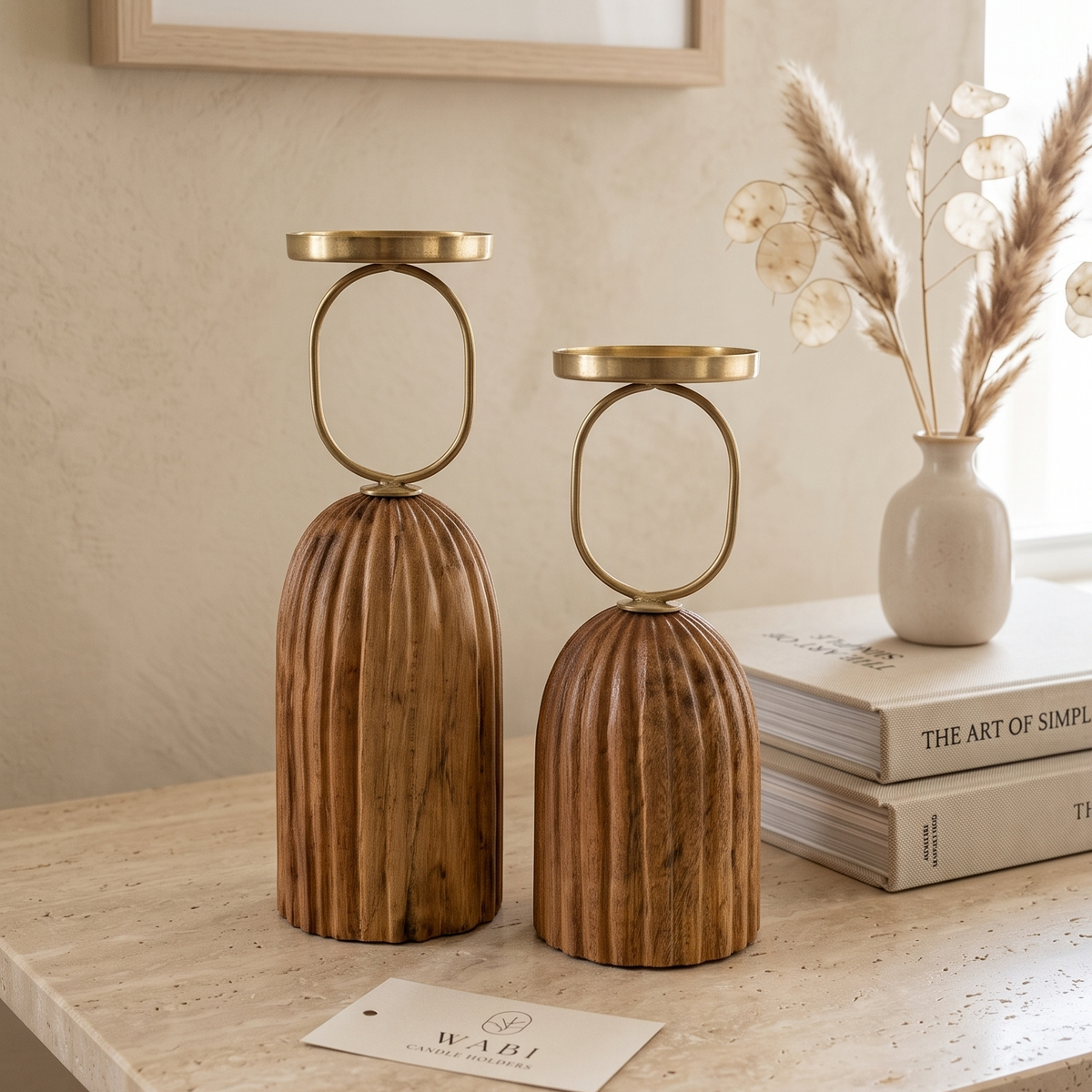 Fluted Wooden Pillar Candle Holders (Set of 2)