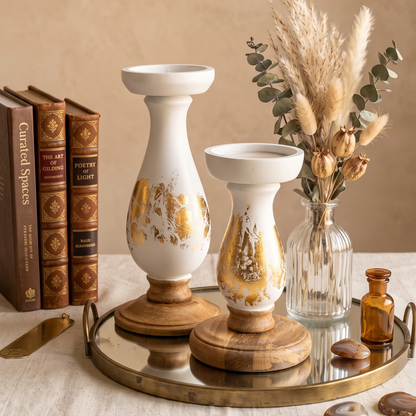 Elegant White & Gold Leaf Wooden Pillar Candle Holders (Set of 2)