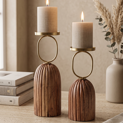 Fluted Wooden Pillar Candle Holders (Set of 2)