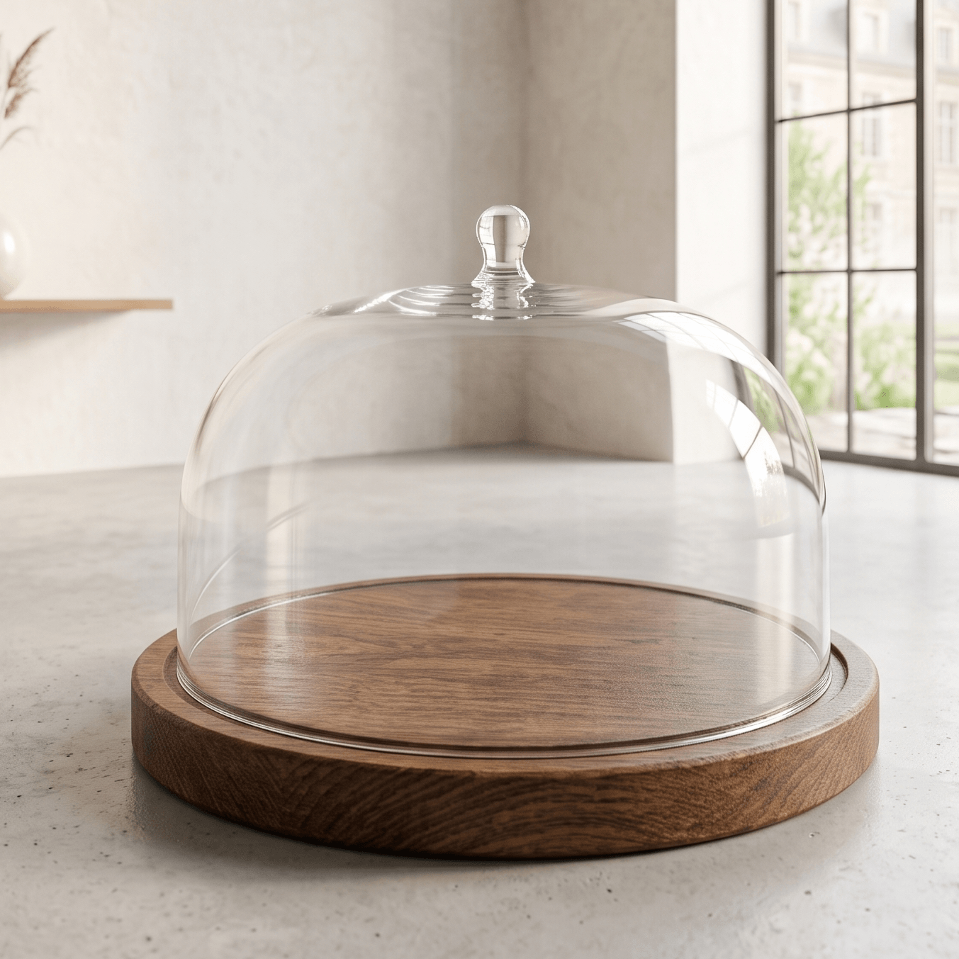 large cake dome with wooden base 
