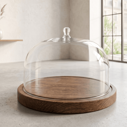 large cake dome with wooden base 