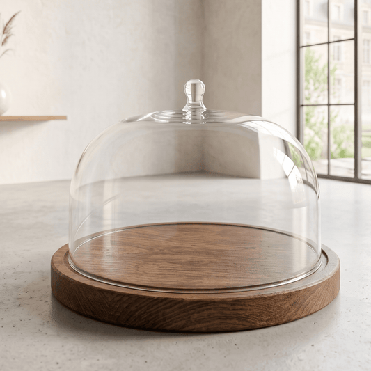 large cake dome with wooden base 