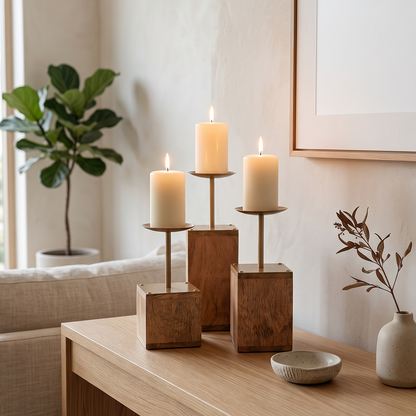Modern Block Wood Pillar Candle Holders (Set of 3)