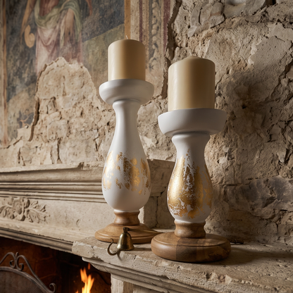 Elegant White & Gold Leaf Wooden Pillar Candle Holders (Set of 2)