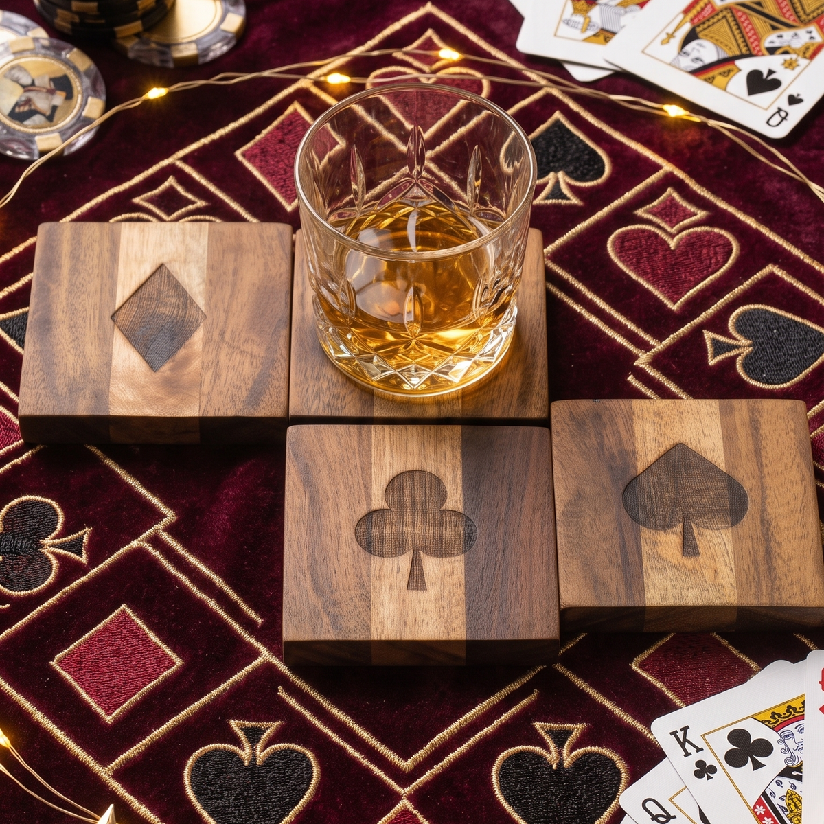 Wooden Coasters Set of 4 | Playing Card Suit Design -ETCH-V