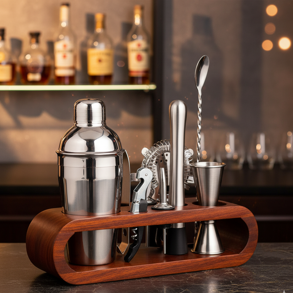 Kraftyhome Signature Bar Tools Set: Luxury Edition with Elegant Wooden Stand - C
