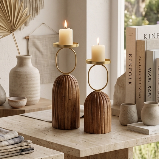 Fluted Wooden Pillar Candle Holders (Set of 2)