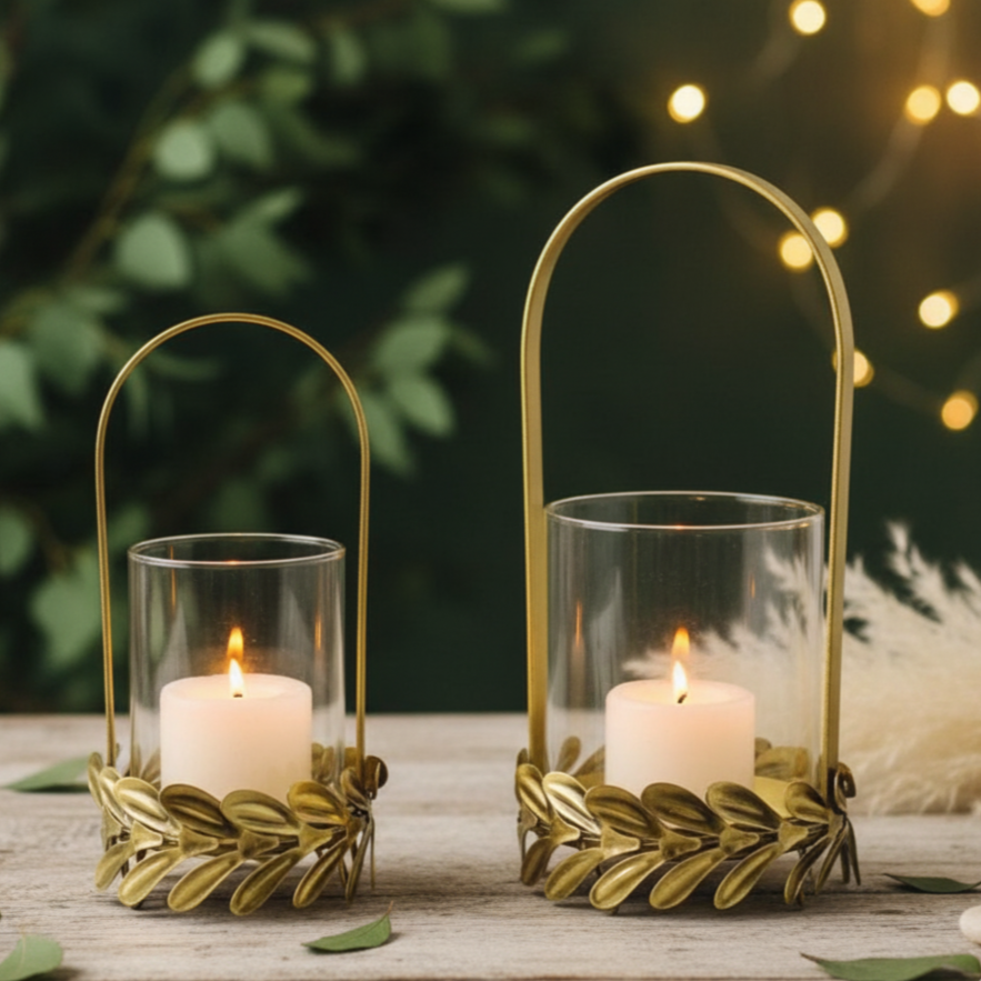 Golden Candle Holder for Home Decor with Glass - Set of 2