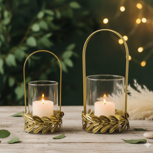 Golden Candle Holder for Home Decor with Glass - Set of 2