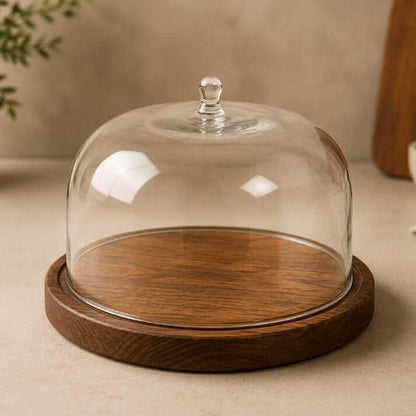 large cake dome with wooden base 