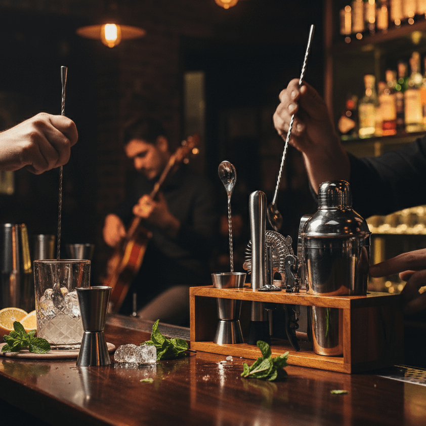 Bar Tools Set: Luxury Edition with Elegant Wooden Stand - D displayed elegantly at a stylish bar.