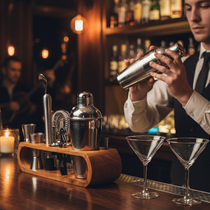 Luxury Bar Tools Set with Elegant Wooden Stand- C