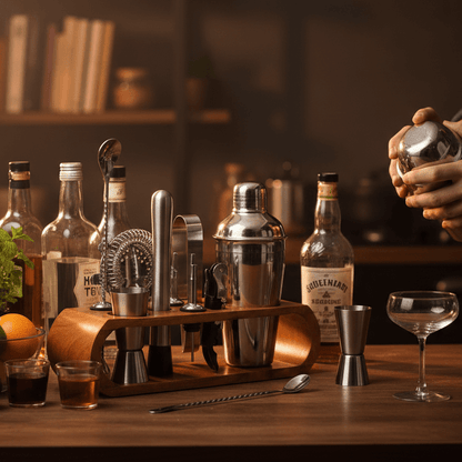 Luxury Bar Tools Set with Elegant Wooden Stand- C