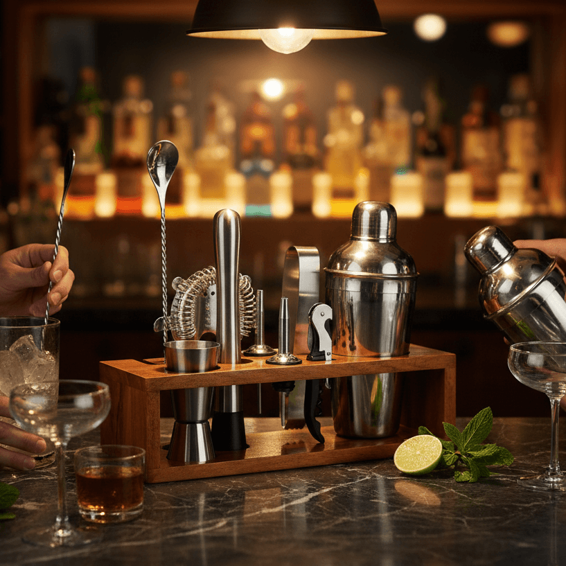 Bar Tools Set: Luxury Edition with Elegant Wooden Stand - D displayed on a wooden stand with bar tools.