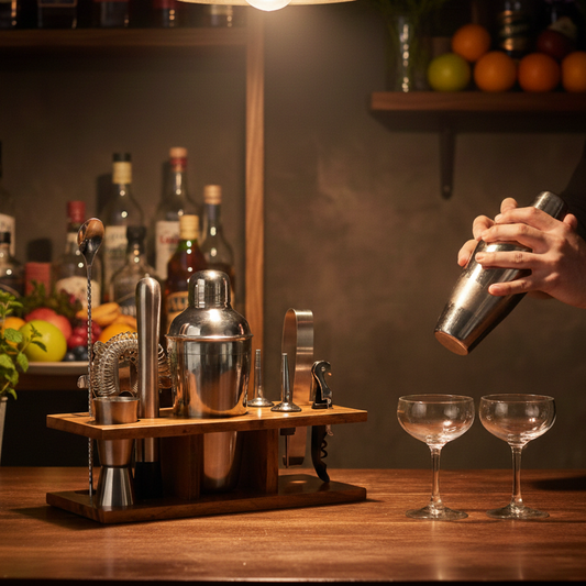 Kraftyhome Signature Bar Tools Set: Luxury Edition with Elegant Wooden Stand - T