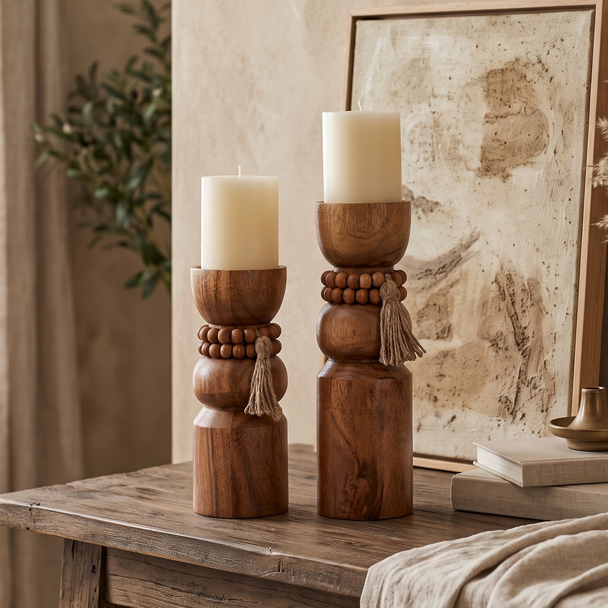 Wooden Candle Holders with Wooden Beads (Set of 2)