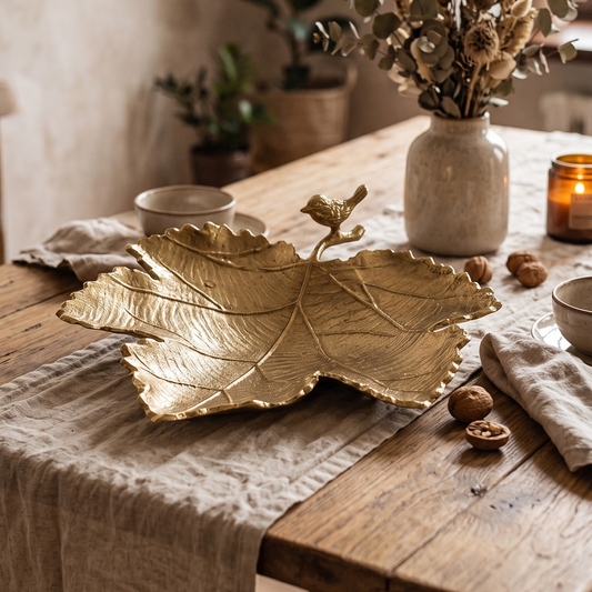 Nature's Elegance: Aluminum Leaf Platter with Bird - 13.5 inch