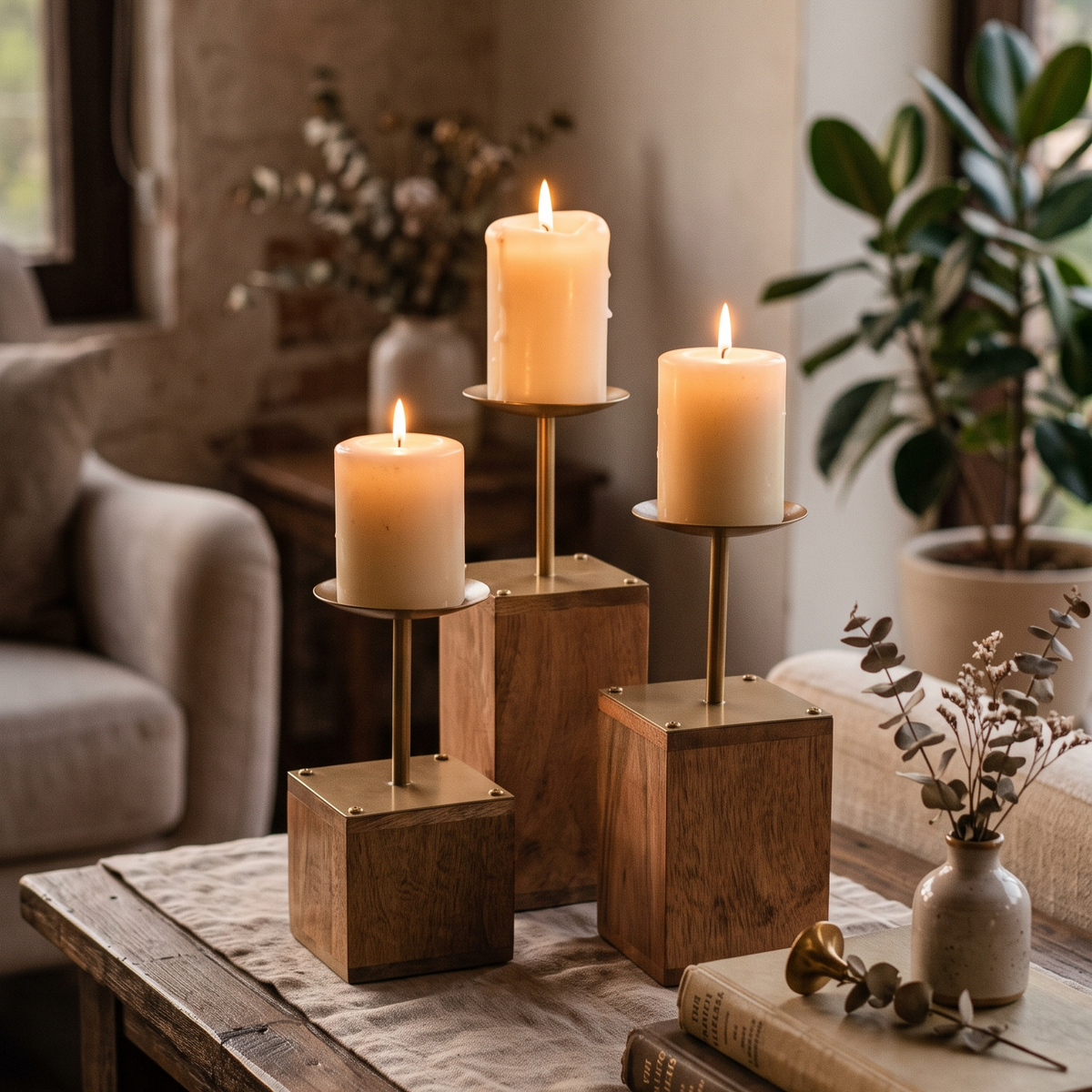 Modern Block Wood Pillar Candle Holders (Set of 3)