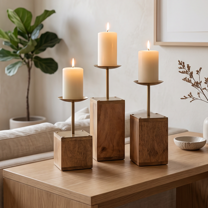 Modern Block Wood Pillar Candle Holders (Set of 3)
