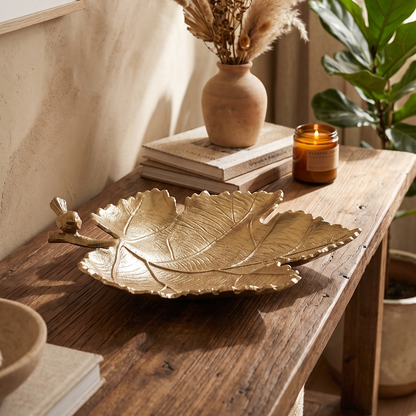Nature's Elegance: Aluminum Leaf Platter with Bird - 13.5 inch