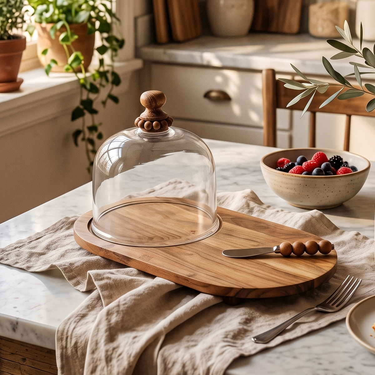 Glass Cloche Centerpiece with Wooden Platter and Knife
