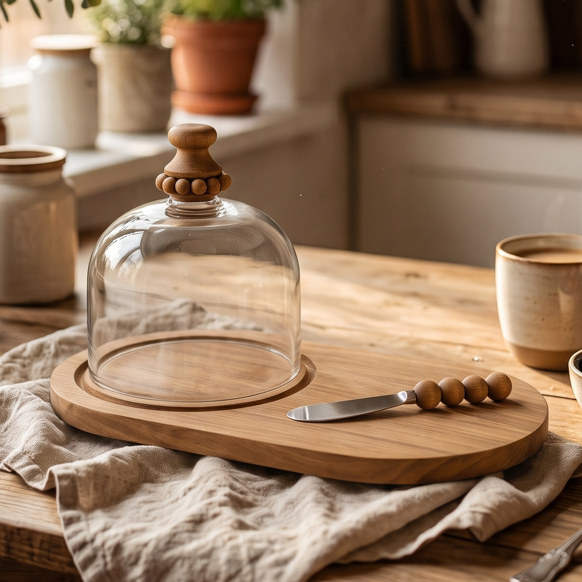 Glass Cloche Centerpiece with Wooden Platter and Knife