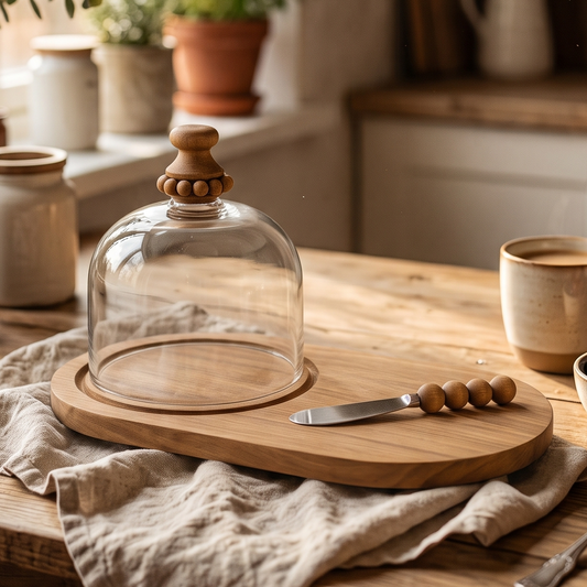 Glass Cloche Centerpiece with Wooden Platter and Knife