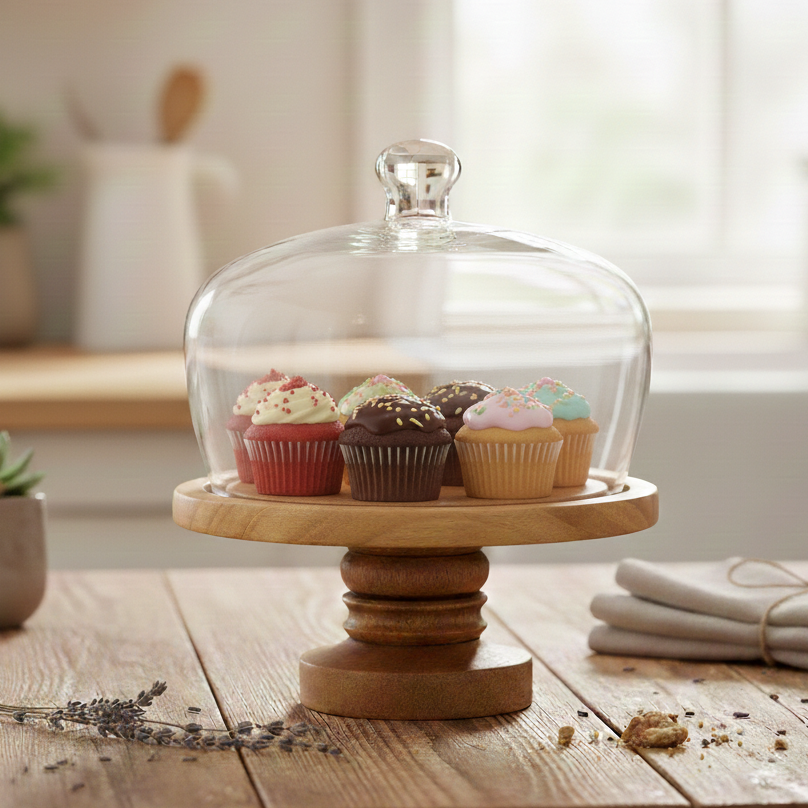 Rustic Cake Pedestal with Glass Cloche - 7 inch