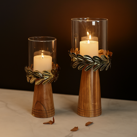 Candle Holder for Home Decor with Wood and Glass - Set of 2