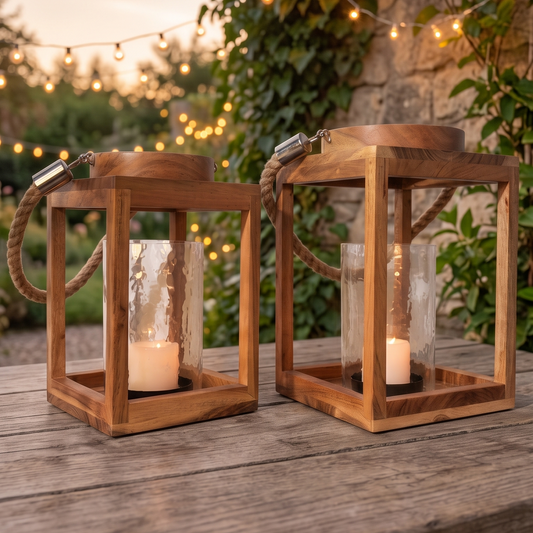Rustic Glow: Handcrafted Wooden Lantern Set of 2