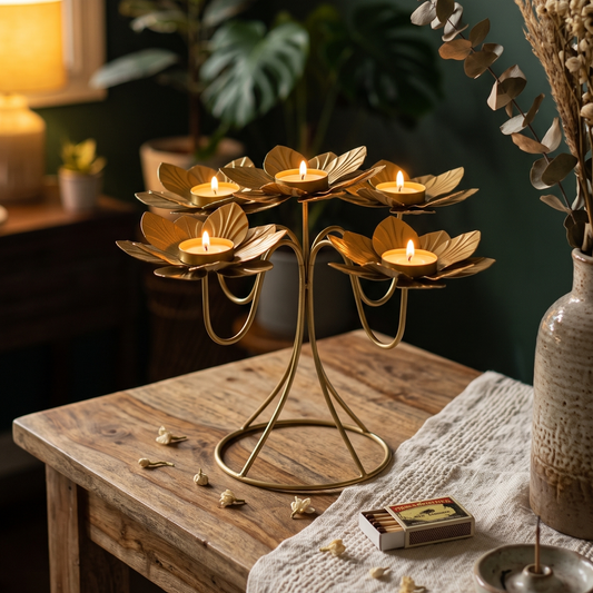 Golden metal lotus bed tealight holder