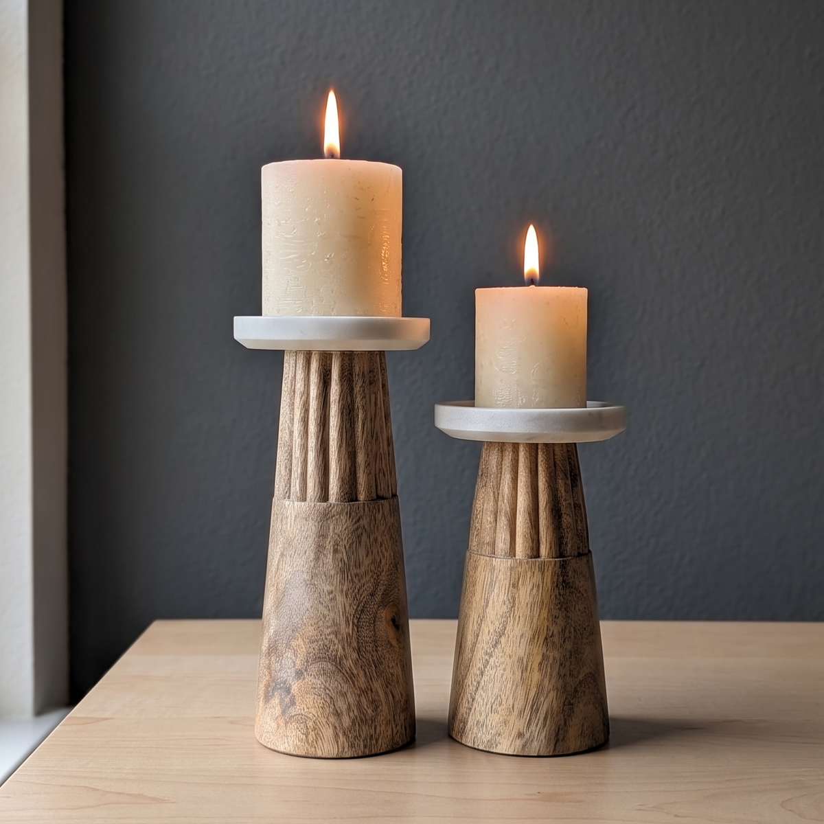 Handcrafted Fluted Wood & Marble Pillar Candle Holders (Set of 2)