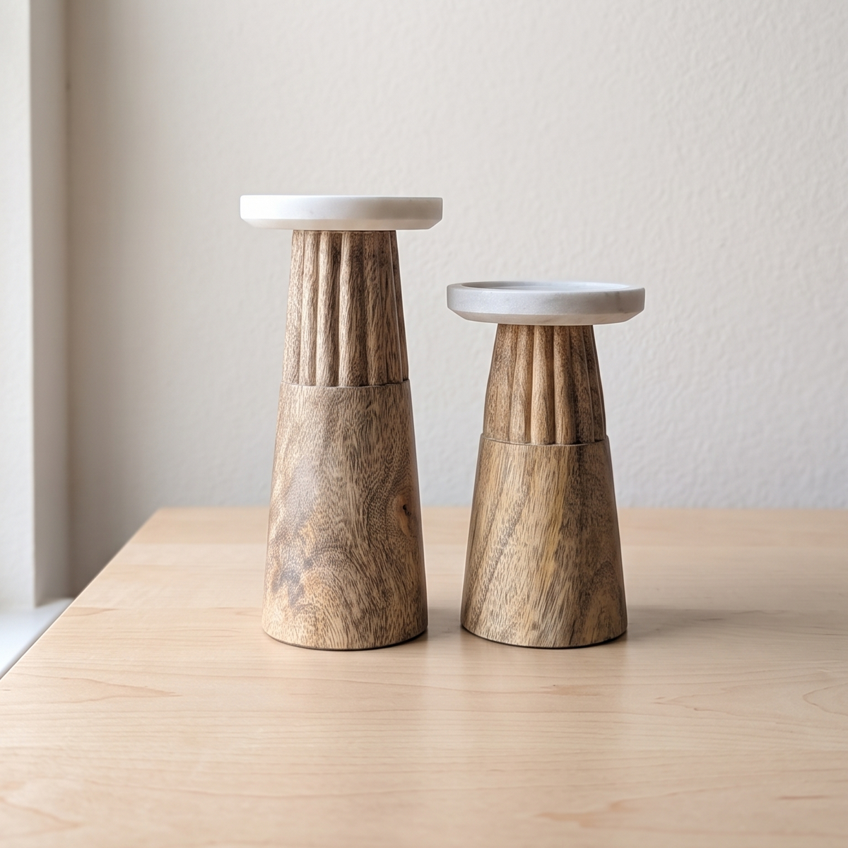 Handcrafted Fluted Wood & Marble Pillar Candle Holders (Set of 2)