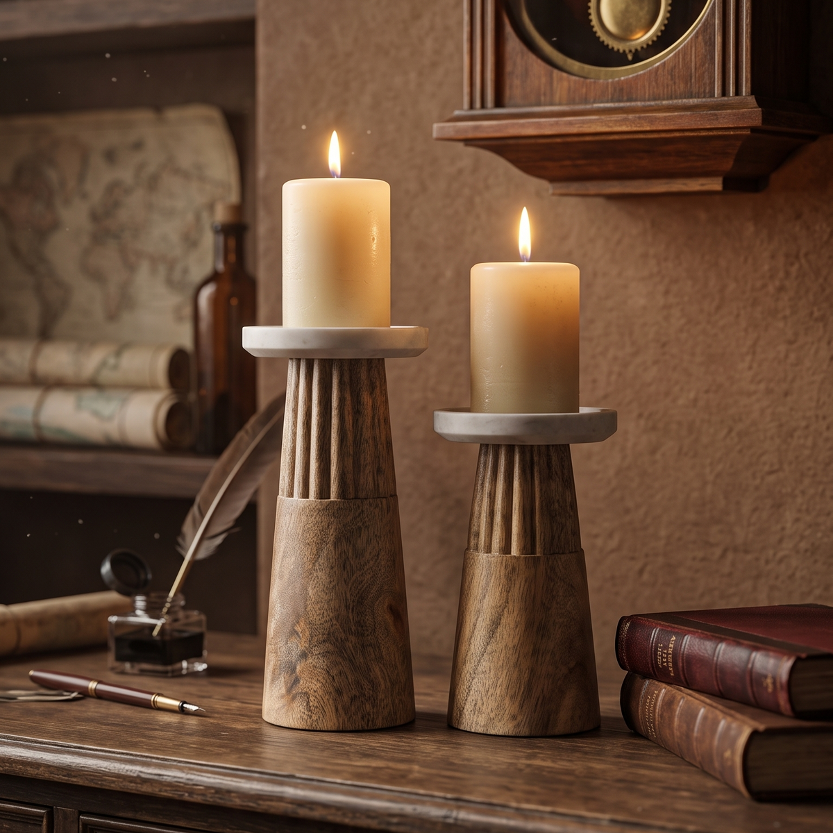 Handcrafted Fluted Wood & Marble Pillar Candle Holders (Set of 2)