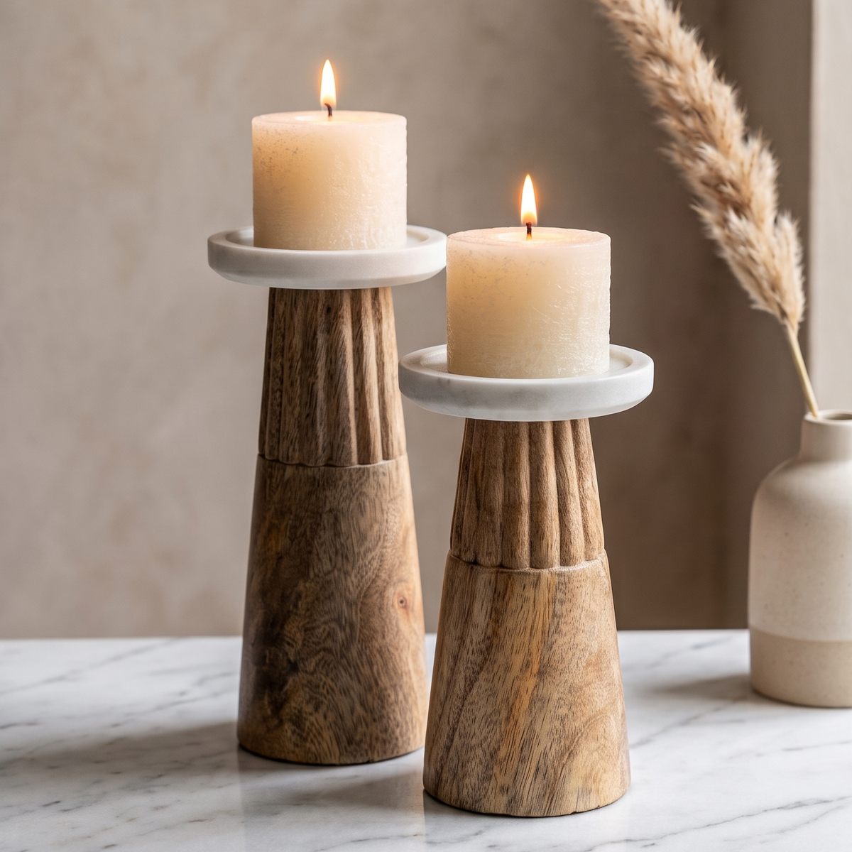 Handcrafted Fluted Wood & Marble Pillar Candle Holders (Set of 2)