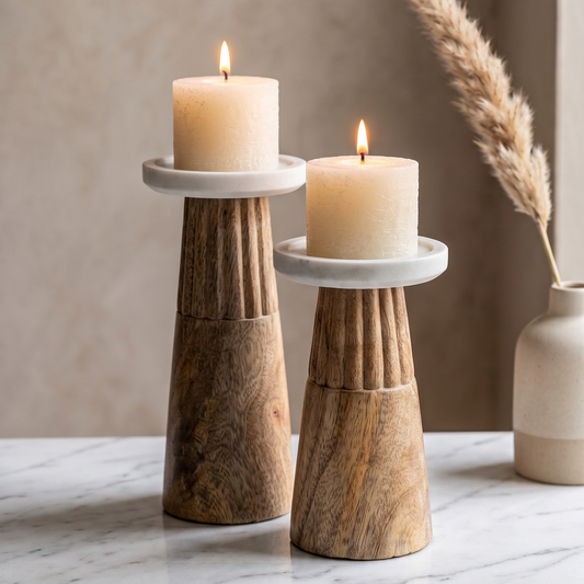 Handcrafted Fluted Wood & Marble Pillar Candle Holders (Set of 2)