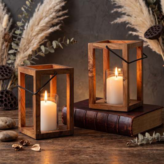 Rustic Glow: Handcrafted Wooden Lantern Set of 2